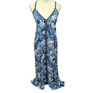 America & beyond blue floral boho maxi dress XL tropical sexy slit beachy